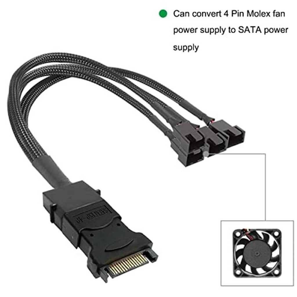 SATA 15-pin to Molex 4-pin adapter cable with black connectors and small fan