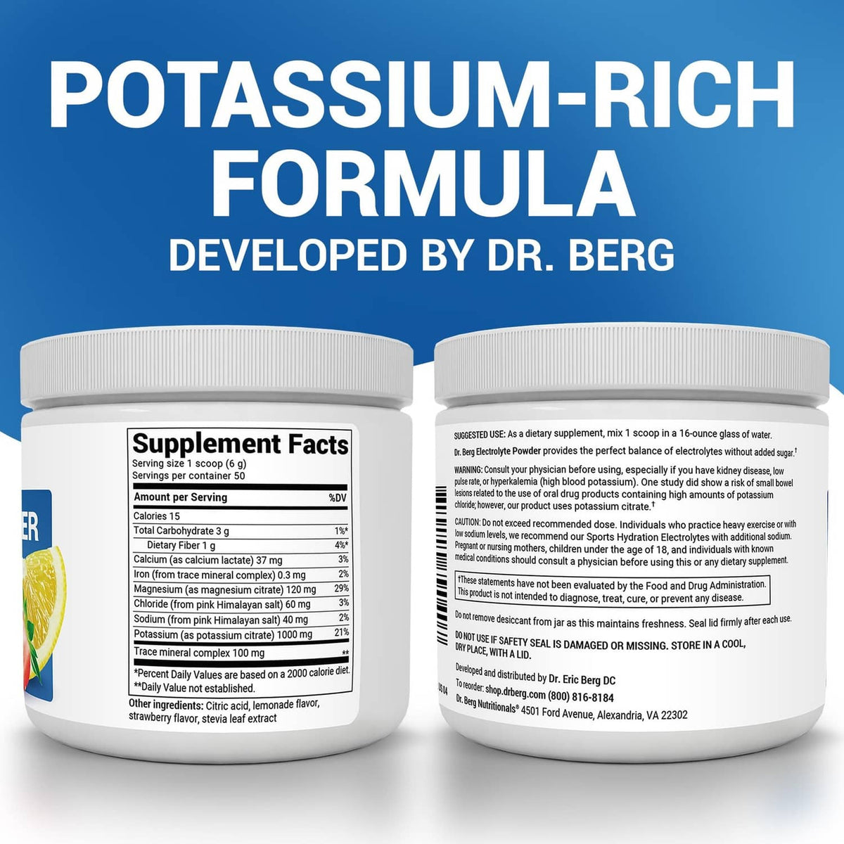 Two electrolyte powder jars shown side by side, supplement and directions panels visible.