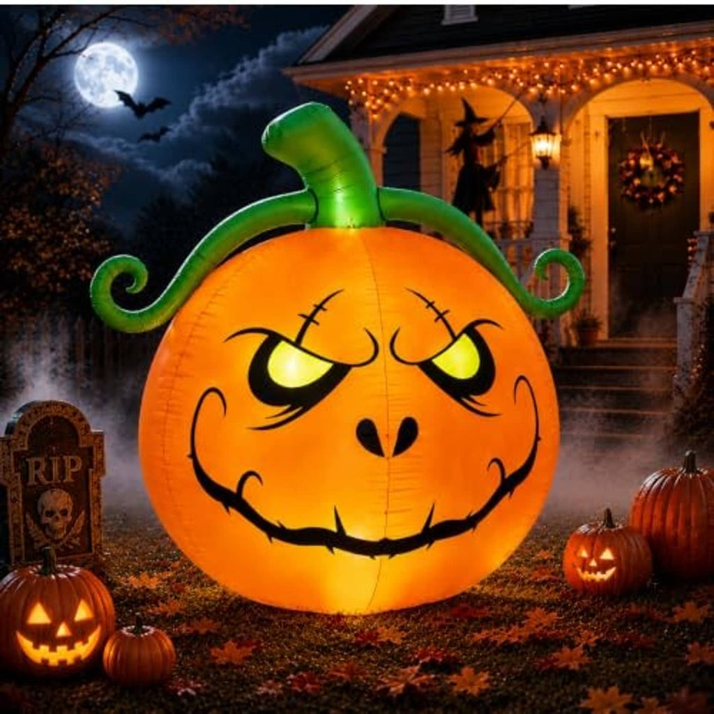 Close-up lighted inflatable orange pumpkin with green stem and carved jack-o’-lantern face