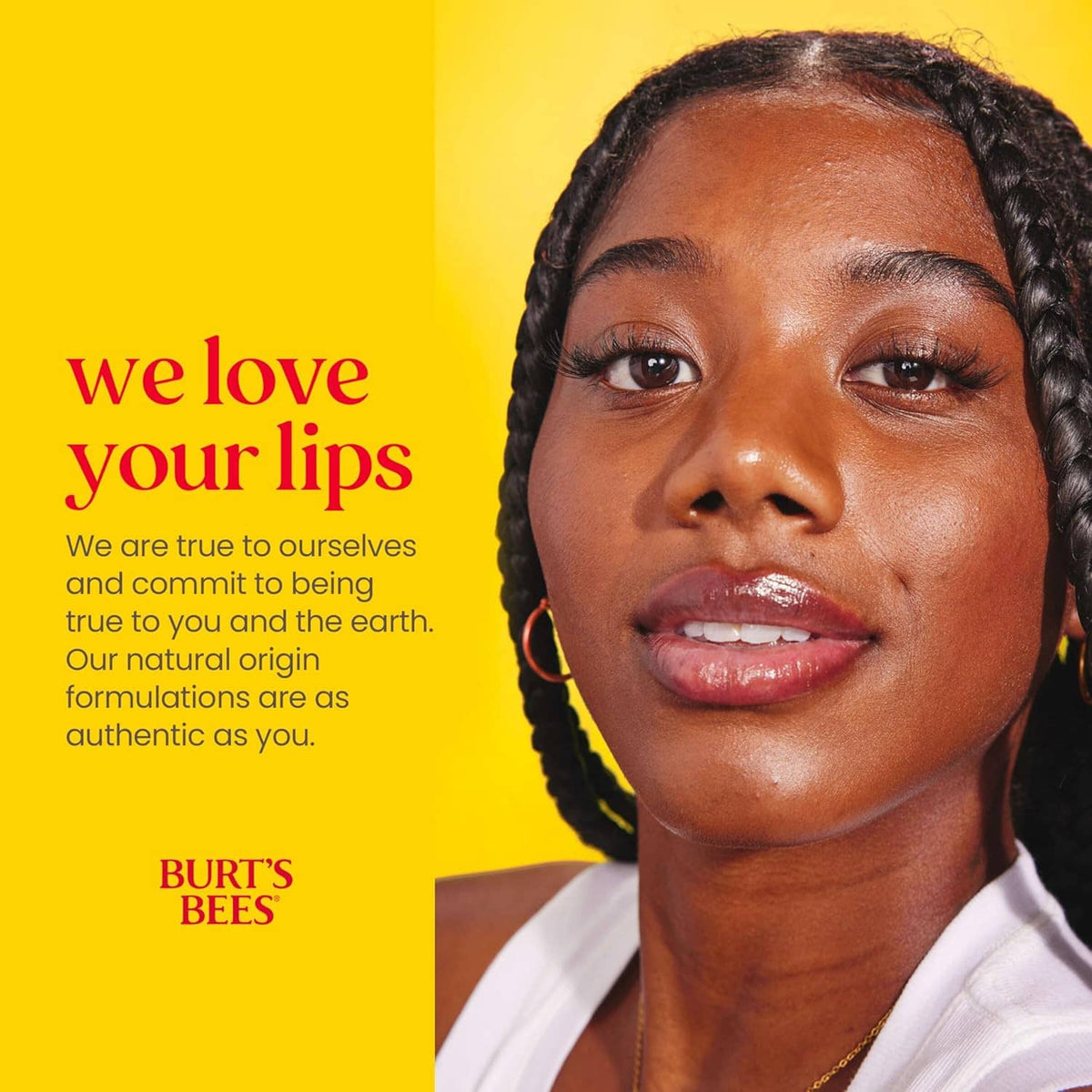 Vanilla bean moisturizing lip balm shown on model lips, Burt's Bees