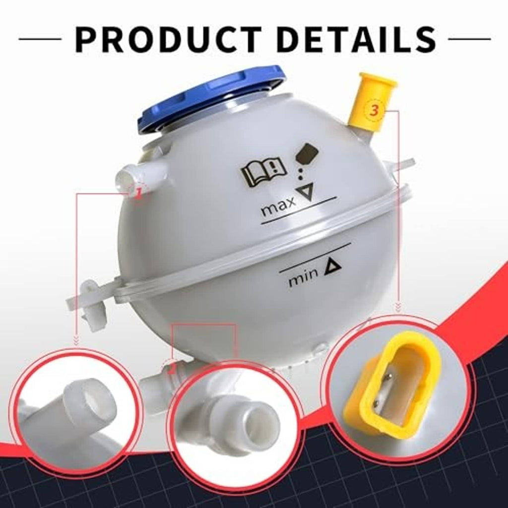 Engine coolant overflow reservoir tank with max/min markings and highlighted connector ports, blue cap.
