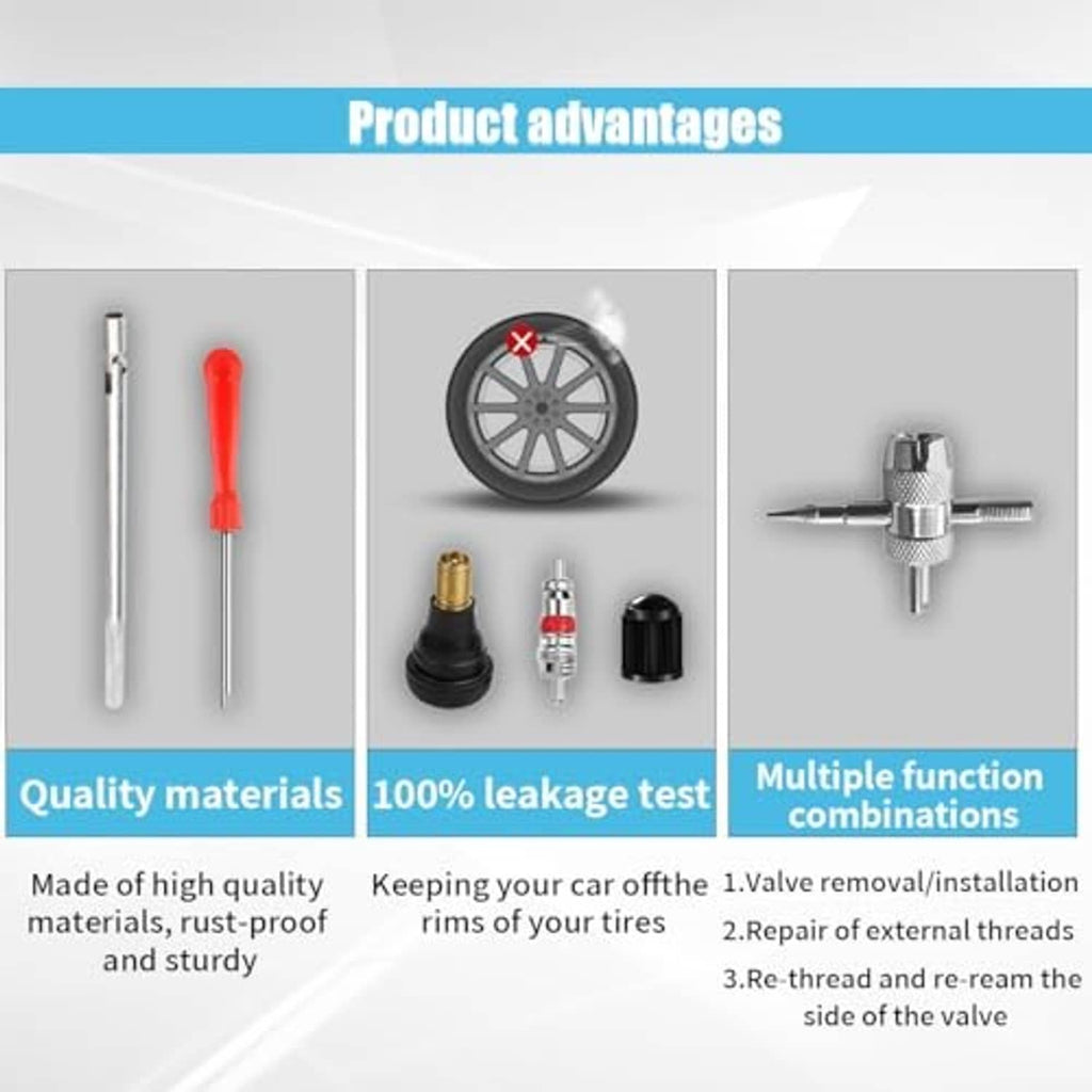 Tire valve stem puller installer tool kit showing long rod, red-handled tool, and valve inserts