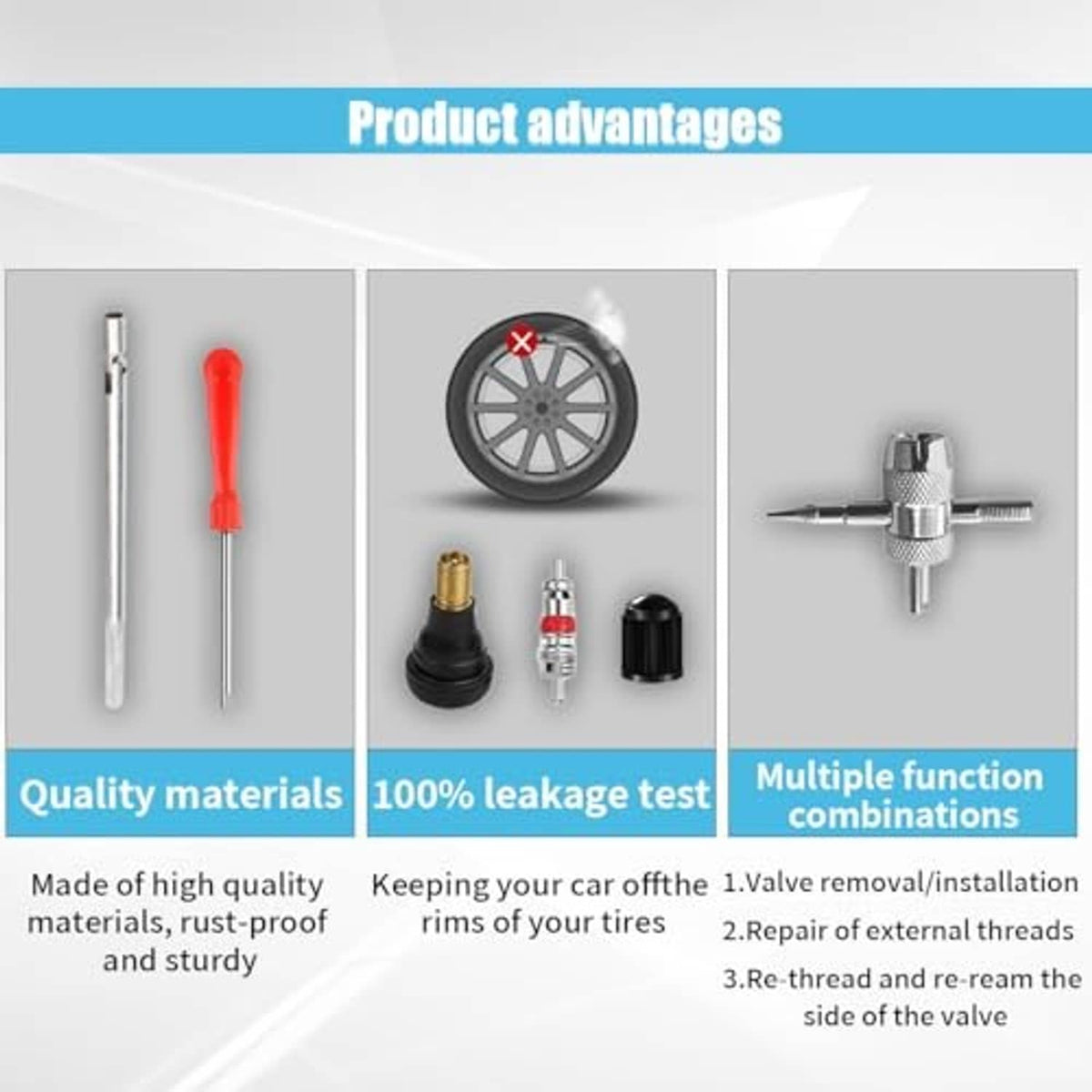 Tire valve stem puller installer tool kit showing long rod, red-handled tool, and valve inserts