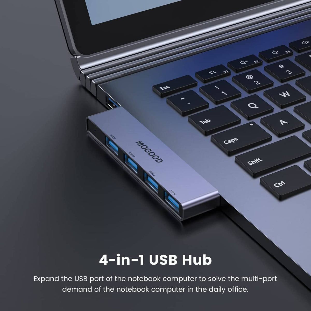 MOGOOD slim grey USB hub with four blue ports connected at the laptop side