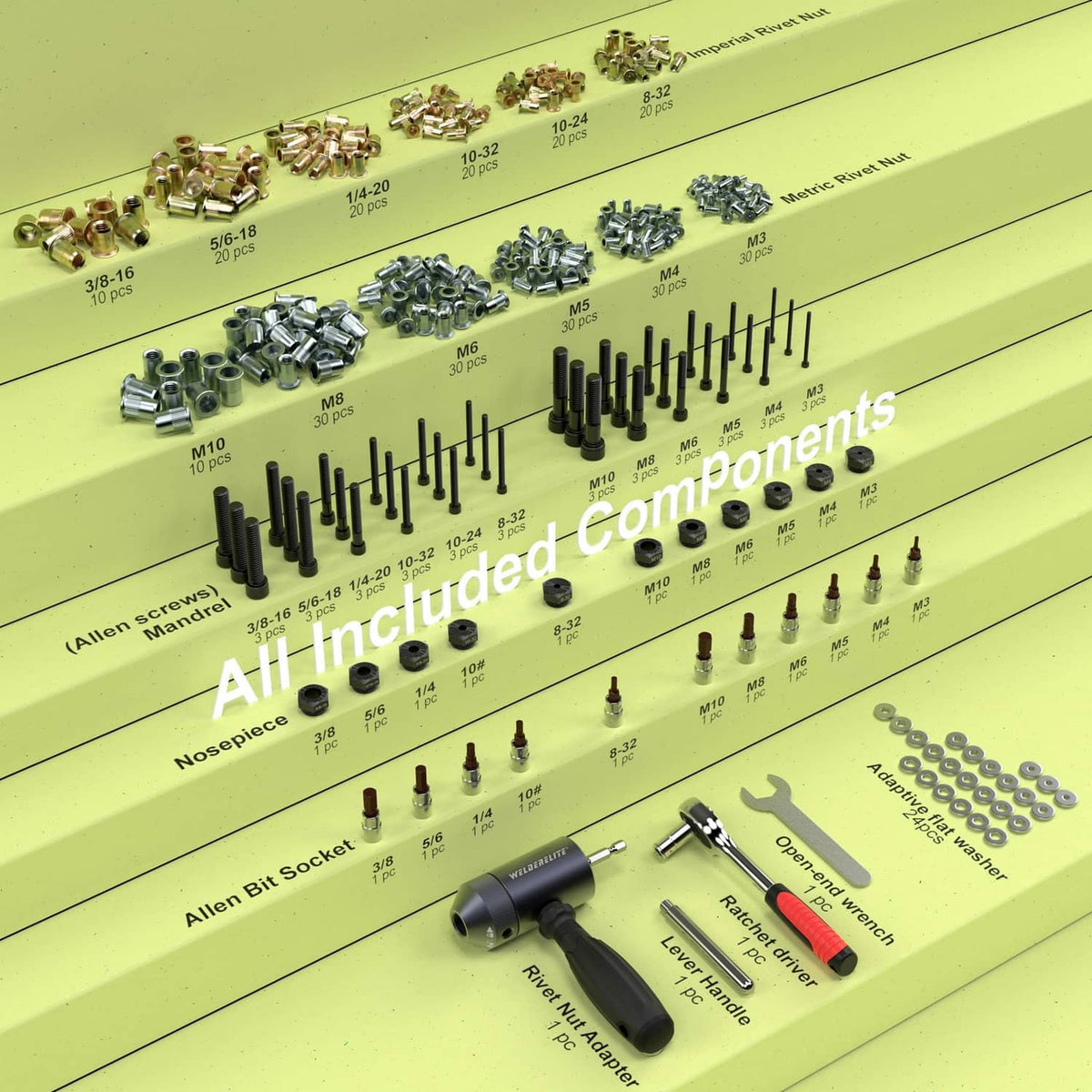 Gray rivet nut drill adapter kit components with mandrel, wrenches, and assorted rivet nuts