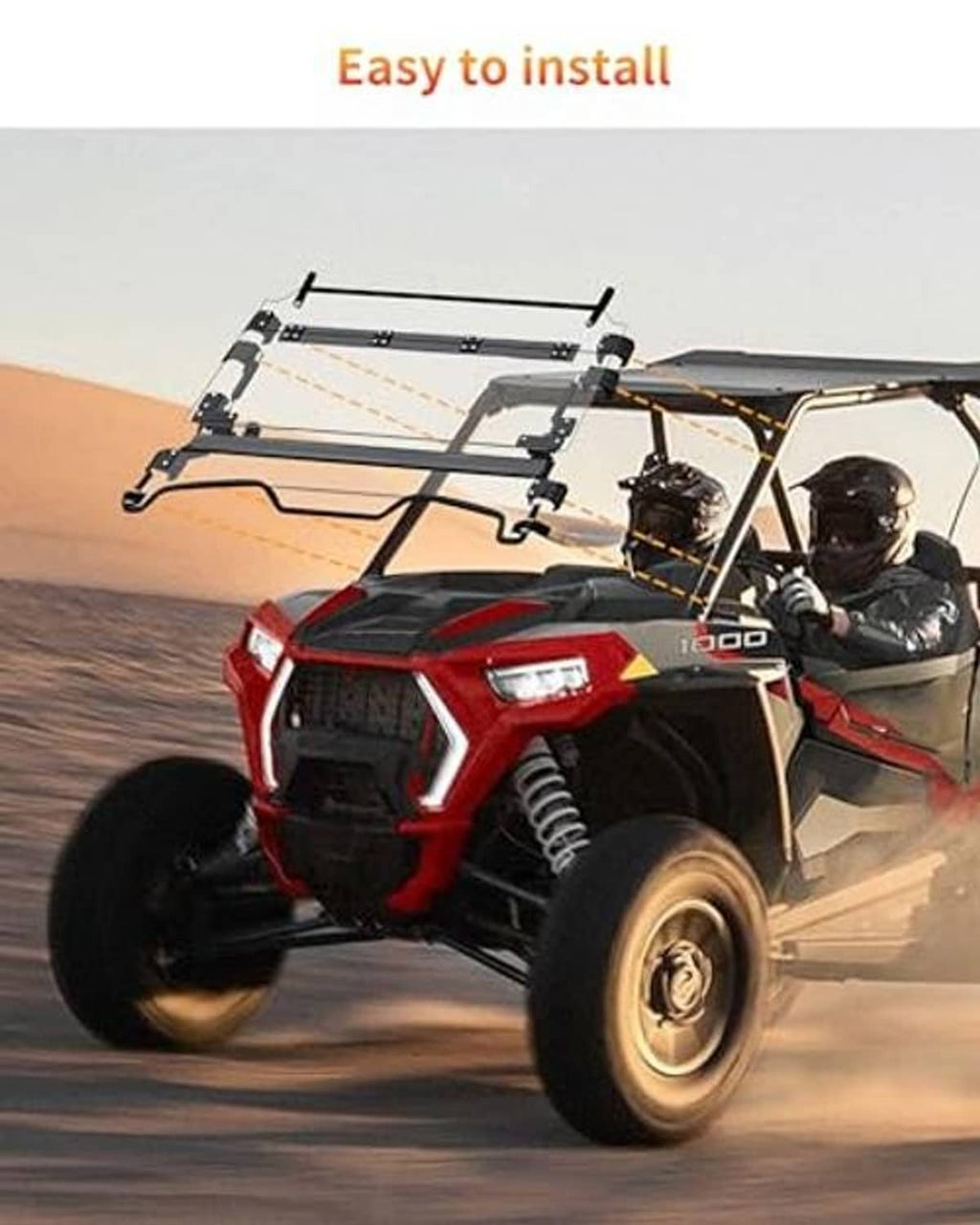 Flip-up windshield assembly on UTV with frame mounted above the dashboard area