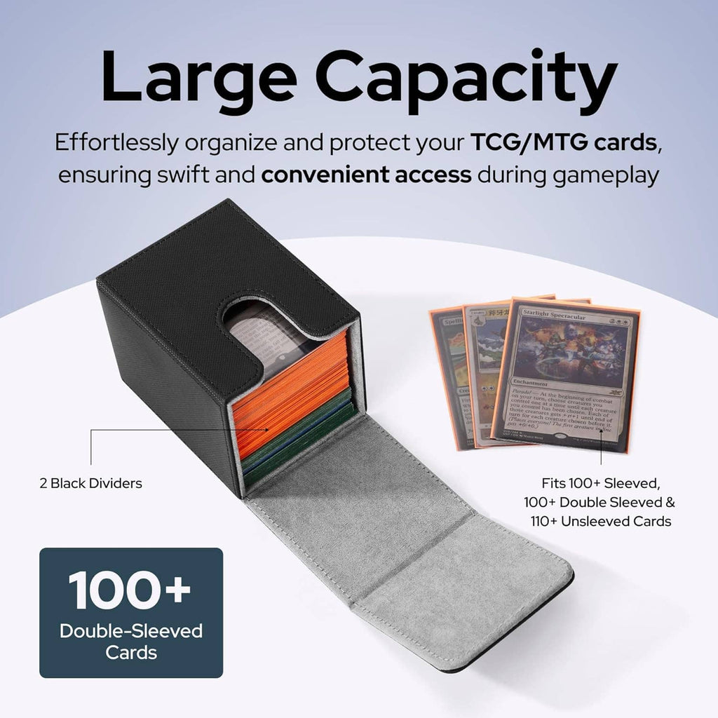 Open black deck box with divider slots and card stacks in a gray-lined interior