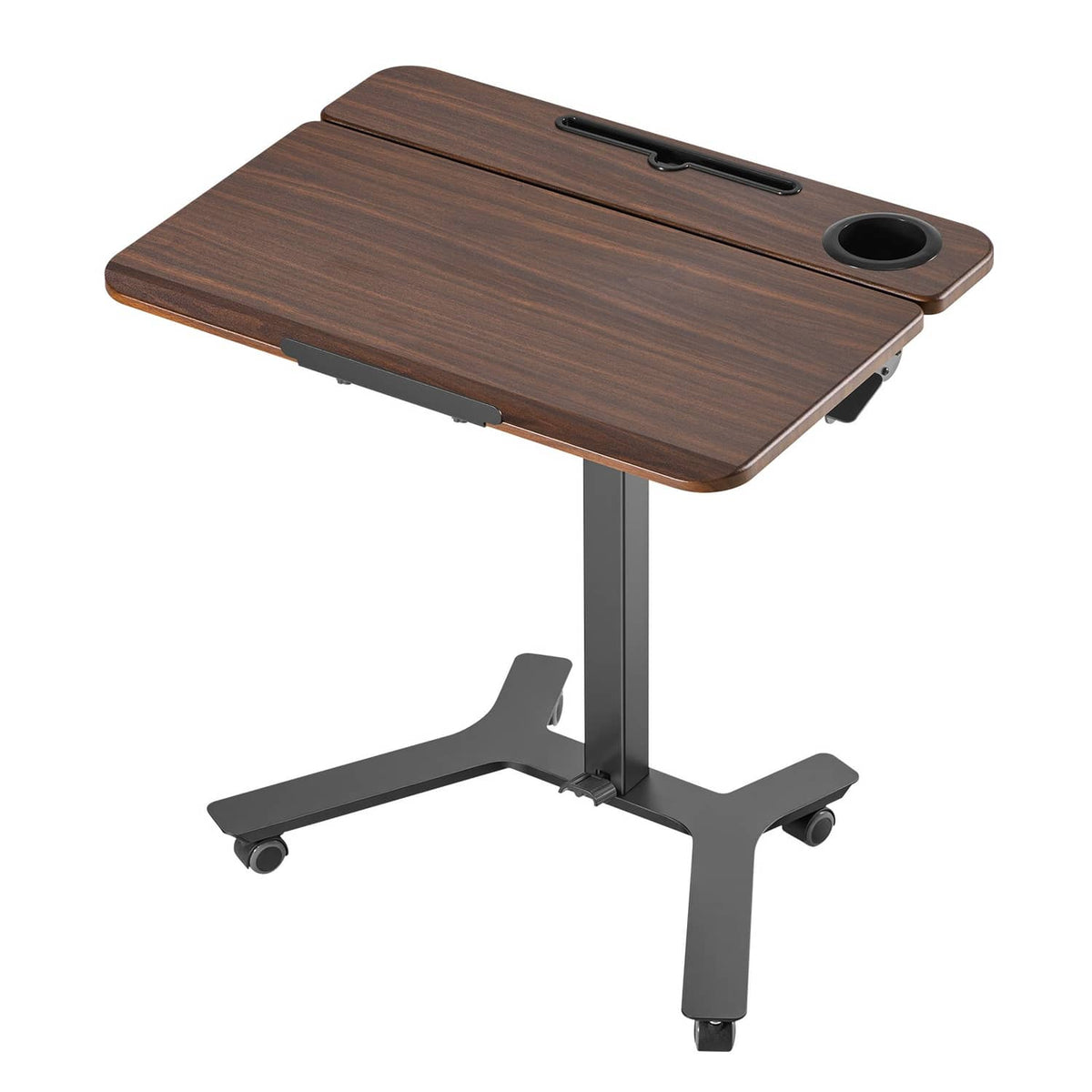 Adjustable standing desk with dark wood flip-top, cup holder opening, and caster base