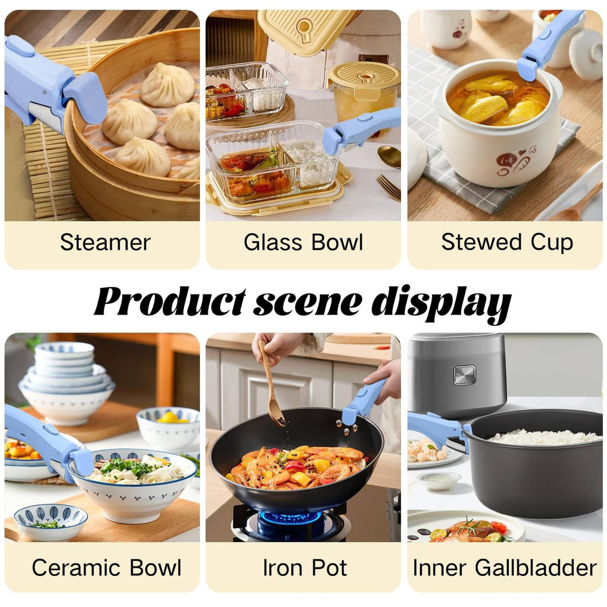 Detachable handle set in blue-gray used on a steamer, glass bowl, and stewed cup