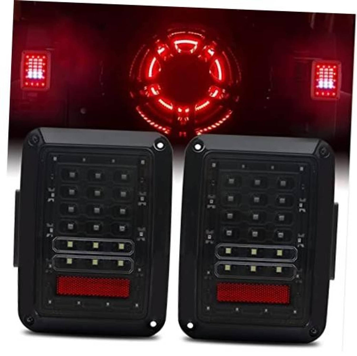 Clear LED tail light set with red brake light sections, black housing