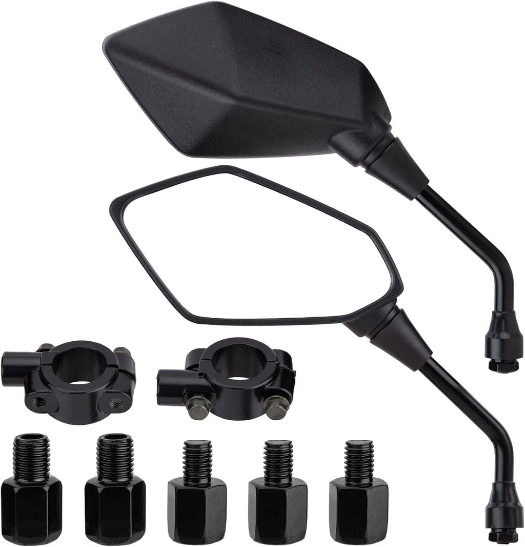 Black motorcycle rear-view side mirror with mounting hardware and threaded bolts