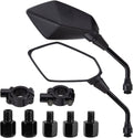 Black motorcycle rear-view side mirror with mounting hardware and threaded bolts