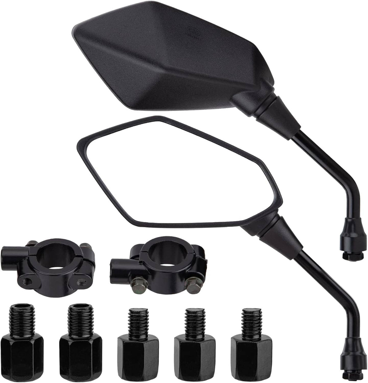 Black motorcycle rear-view side mirror with mounting hardware and threaded bolts