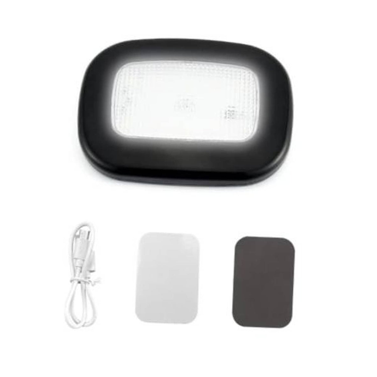 Black magnetic dome LED car reading light with white USB cable and two adhesive pads
