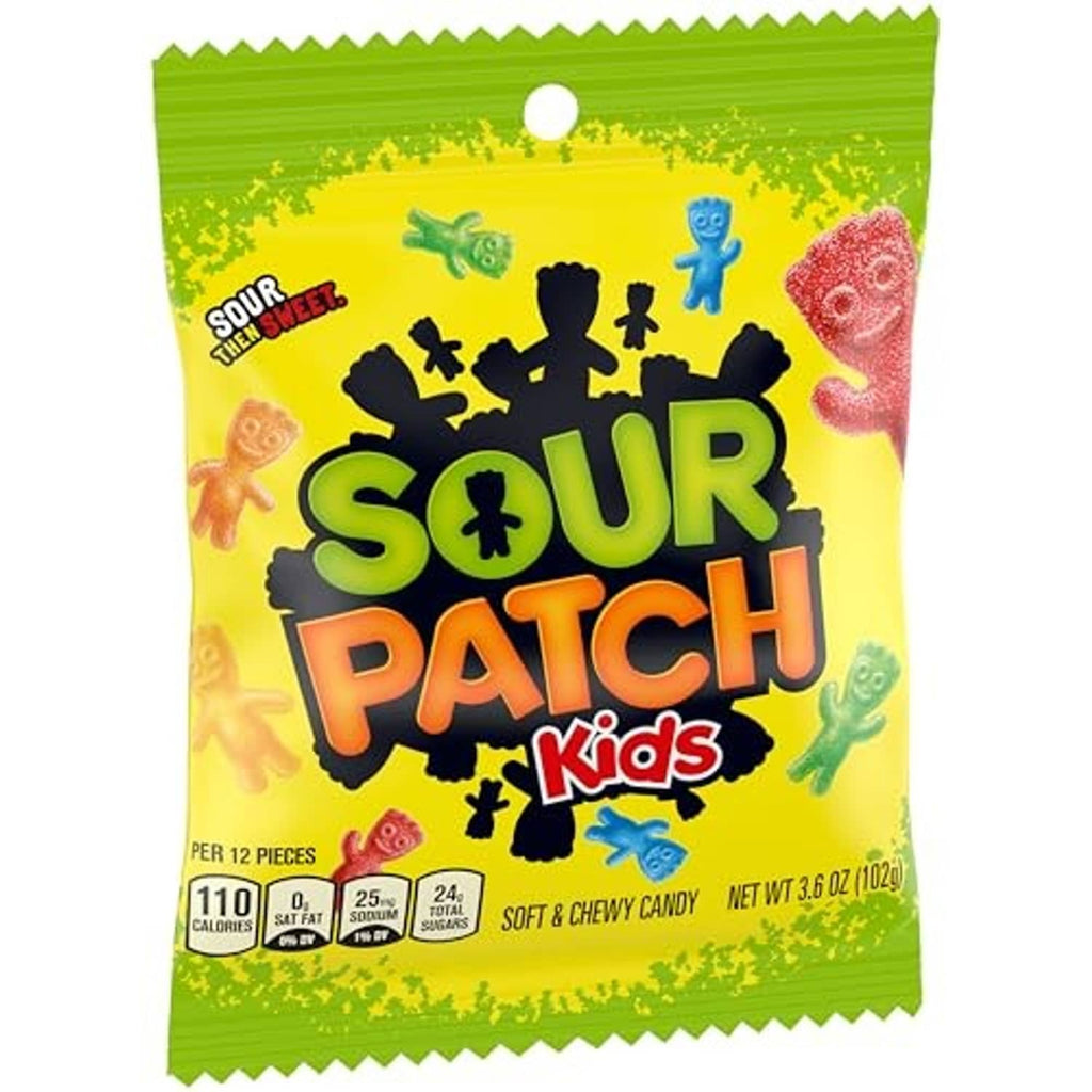 Sour Patch Kids soft and chewy candy pouch, green and yellow packaging, net 3.6 oz