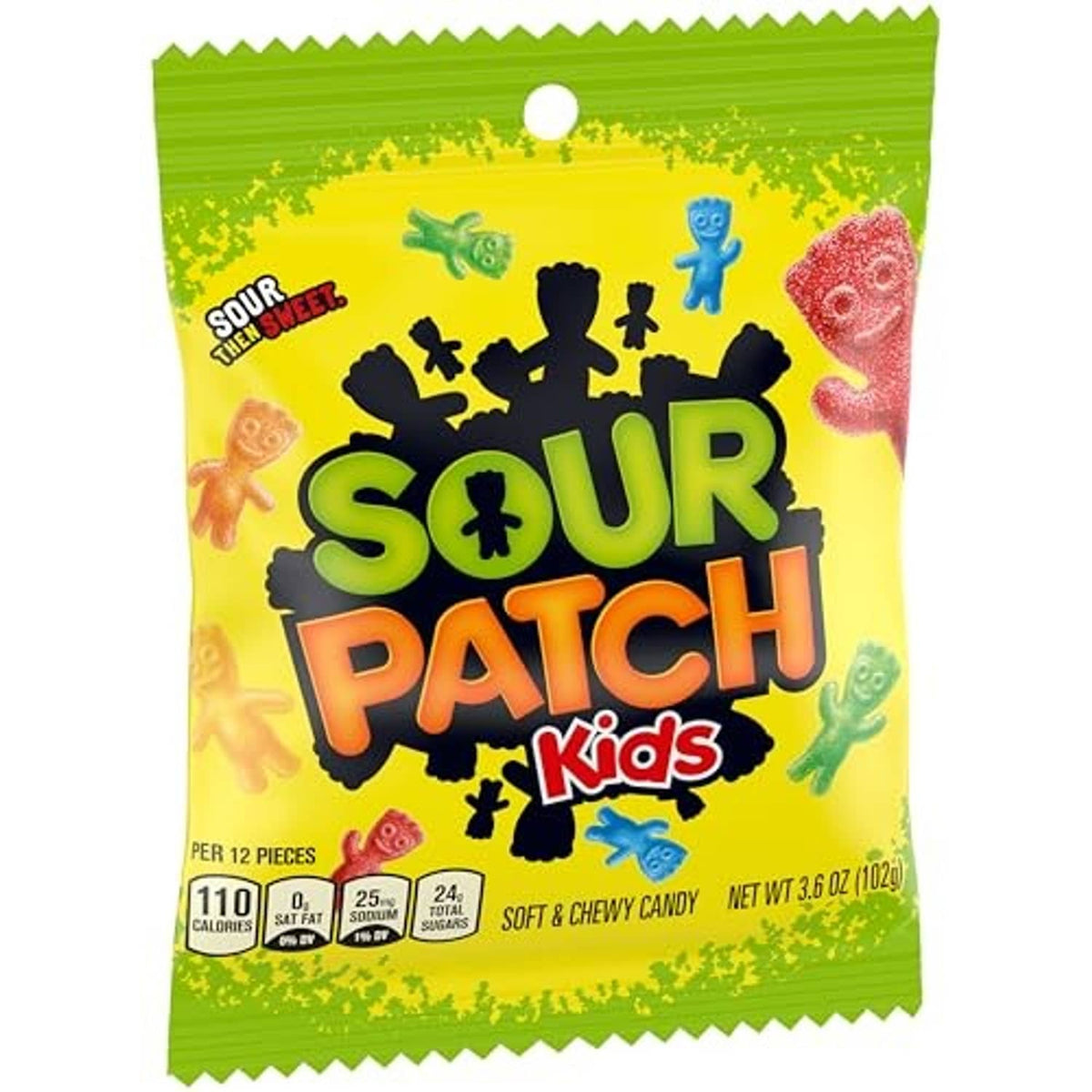 Sour Patch Kids soft and chewy candy pouch, green and yellow packaging, net 3.6 oz