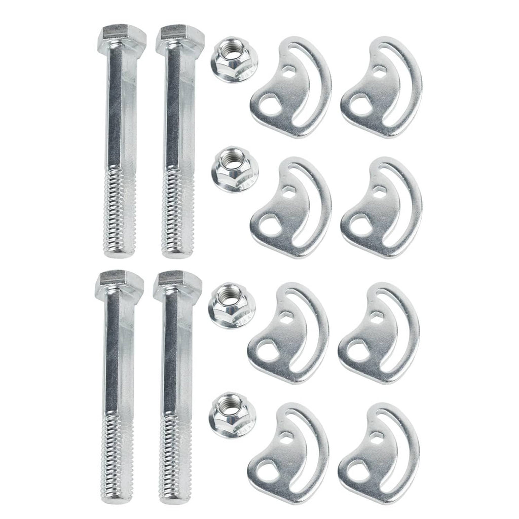 Camber bolt kit with four silver bolts, nuts, and C-shaped cam washers