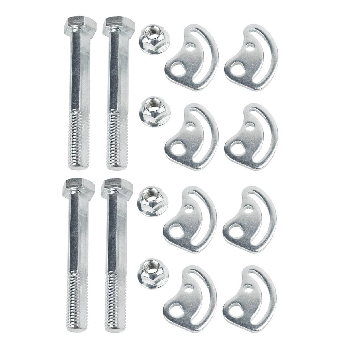 Camber bolt kit with four silver bolts, nuts, and C-shaped cam washers