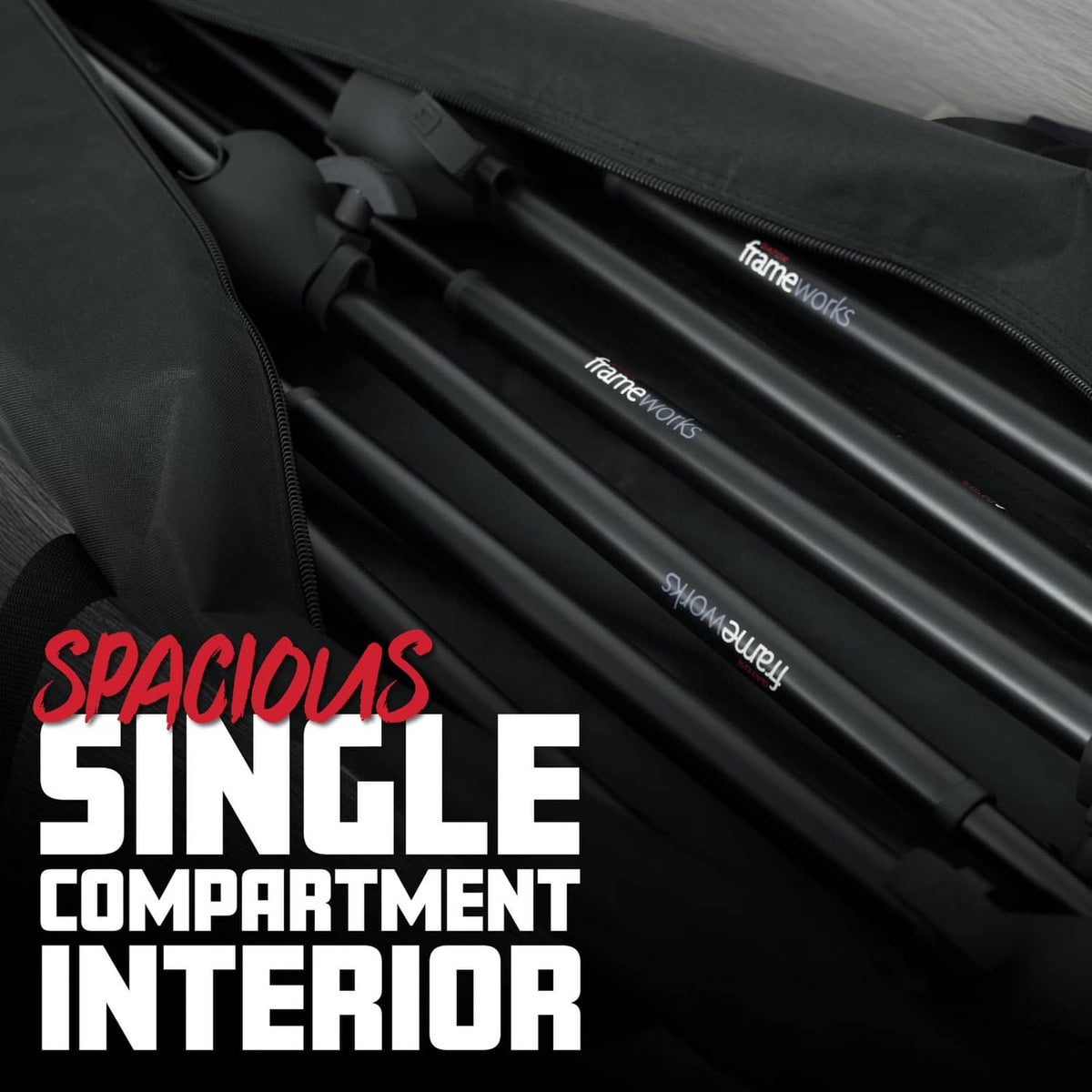 Black interior with multiple metal support tubes under a zippered flap