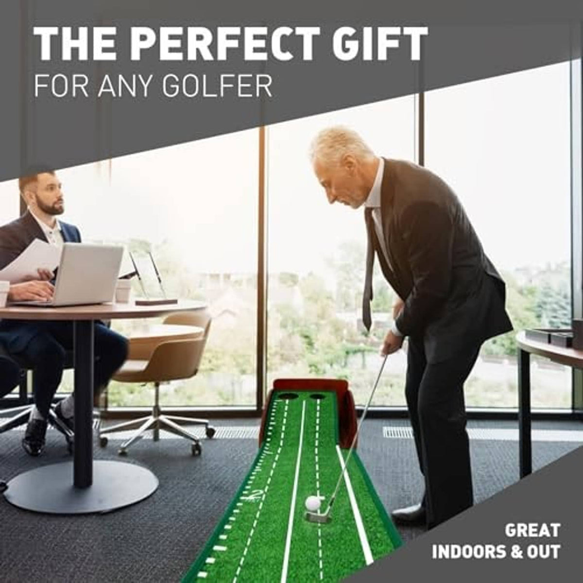 Indoor golf putting mat with green lanes and wooden base, set up for practice