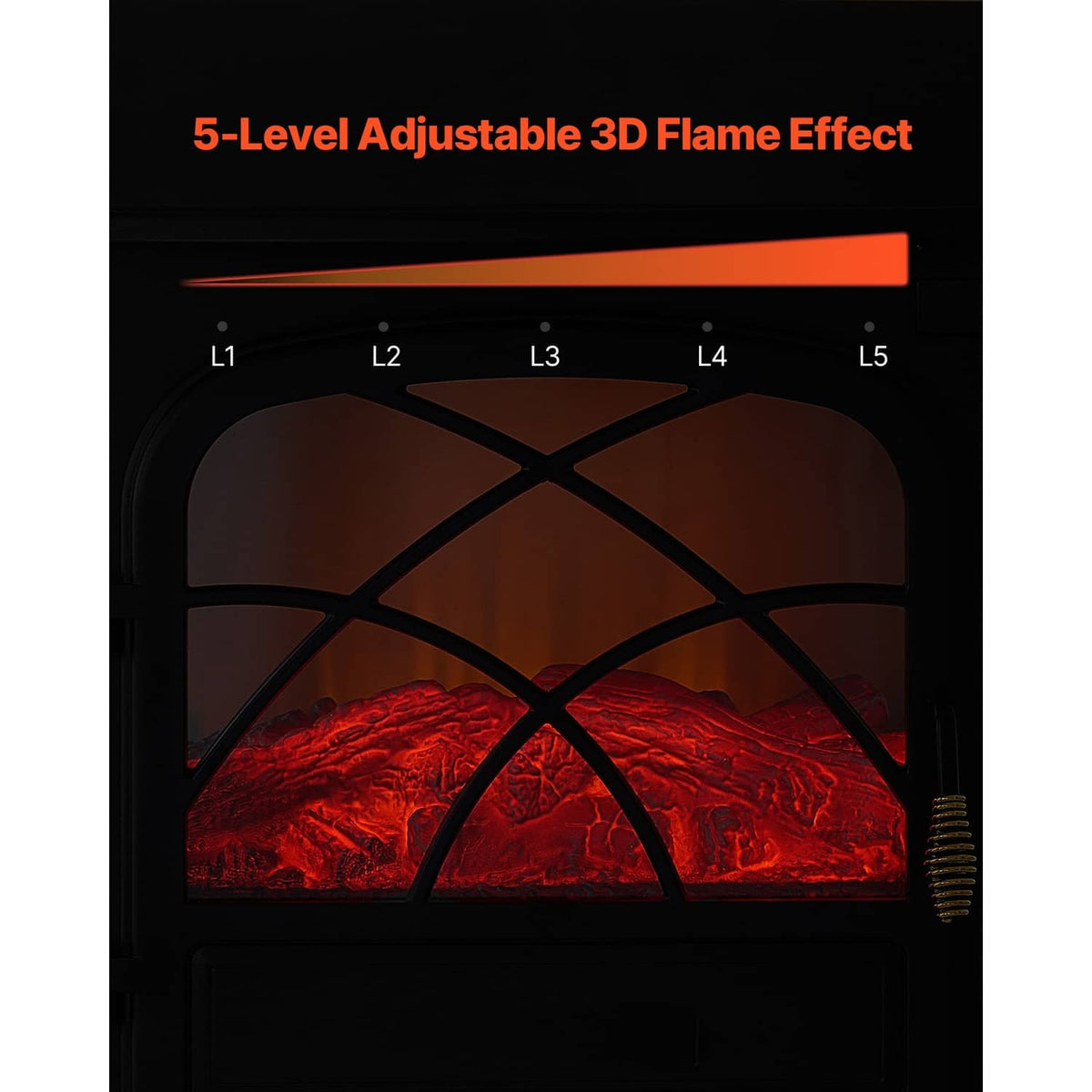 Close-up of arched glass front showing glowing red flame effect and ember bed