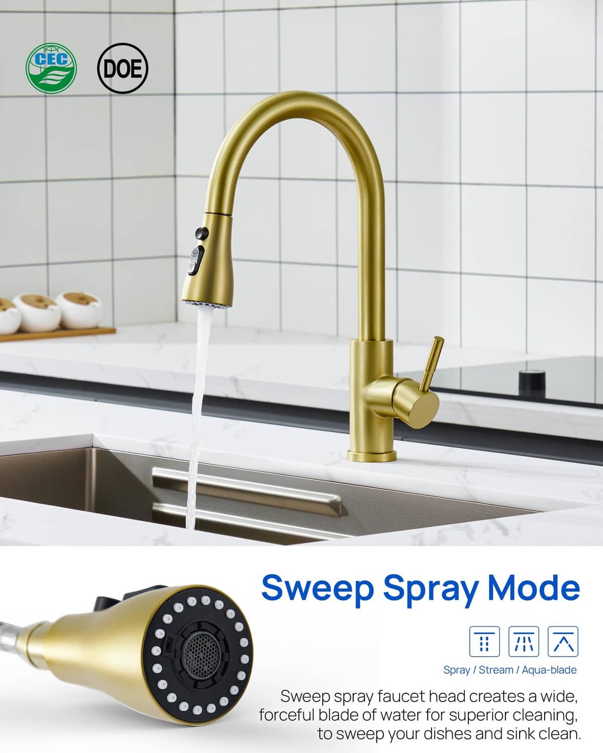 Brushed gold pull-down kitchen faucet sprayer head releasing water stream