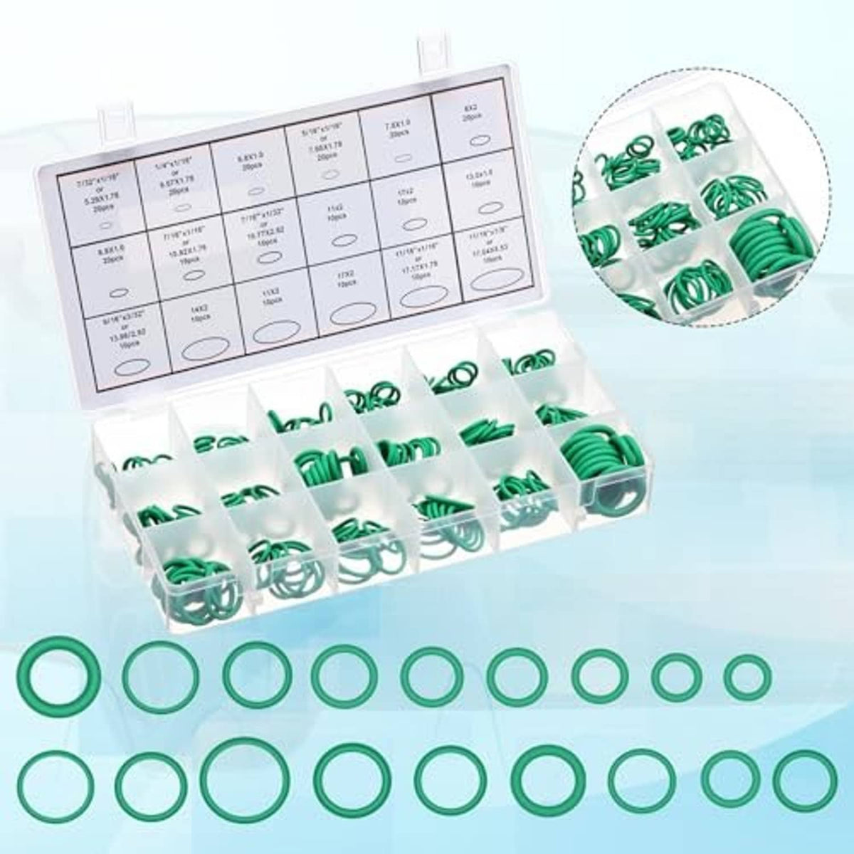 Green O-ring gasket set with plastic organizer tray and sealing rings for A/C ports