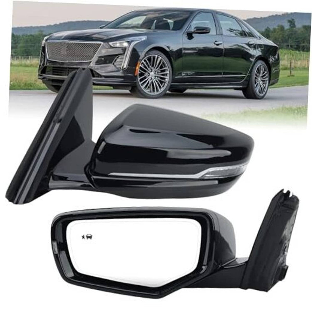 Black left driver-side mirror housing with side glass, front and rear close-ups