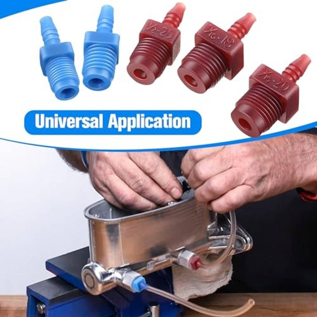 Brake bleeder kit fittings set with blue and red adapters and threaded connectors