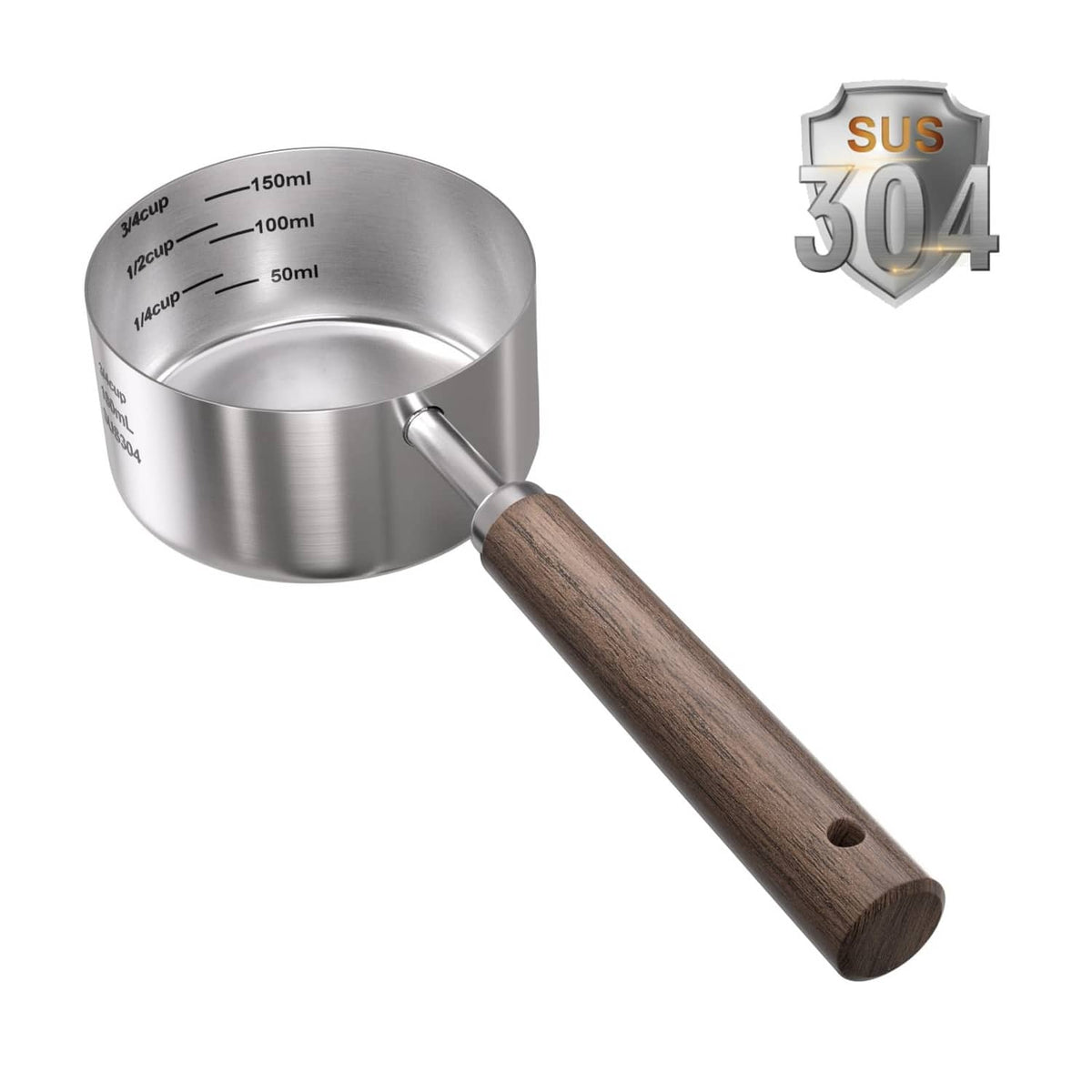 Stainless steel pet food measuring scoop cup with walnut handle and SUS304 badge