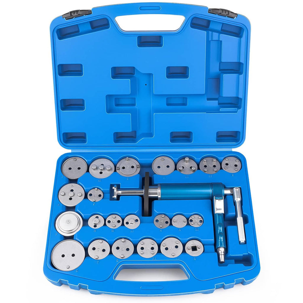 Blue 23-piece pneumatic brake caliper piston tool kit with adapter discs and air handle