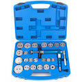 Blue 23-piece pneumatic brake caliper piston tool kit with adapter discs and air handle