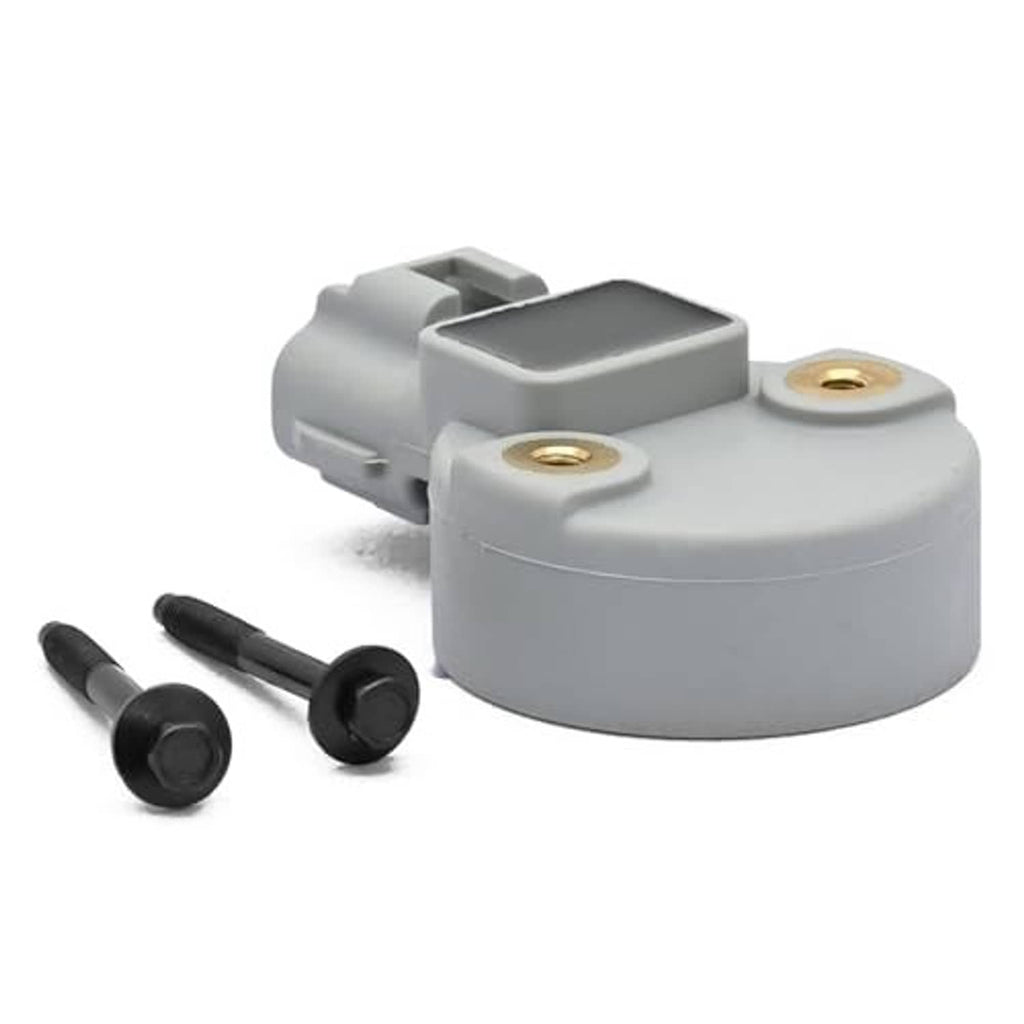 Camshaft position sensor, front view, gray housing with two gold mounting holes