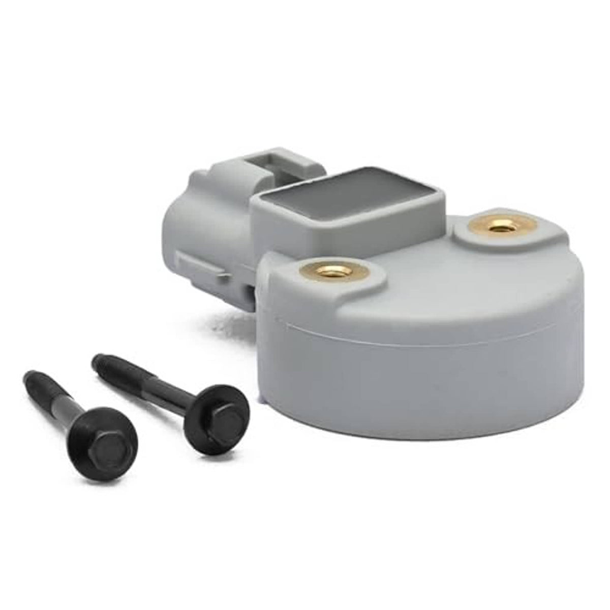 Camshaft position sensor, front view, gray housing with two gold mounting holes