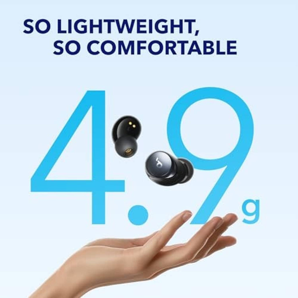 Black in-ear wireless earbuds, lightweight design shown with hand for scale