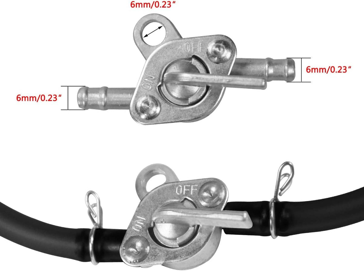 Inline fuel petcock valve with black fuel lines and metal OFF switch plate