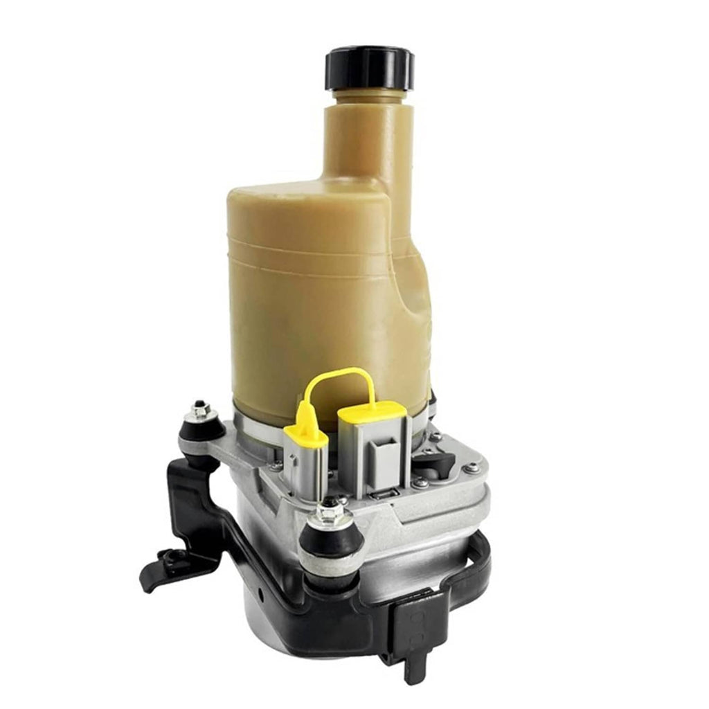 Electric power steering pump front view with beige reservoir, black mount, and silver base