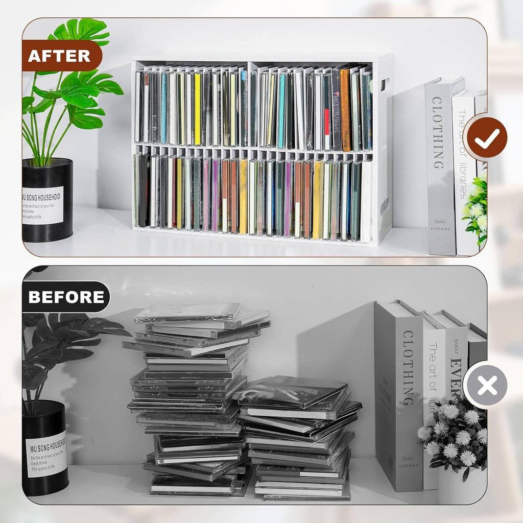 White CD organizer rack with two-row compartments, holding multiple CD jewel cases