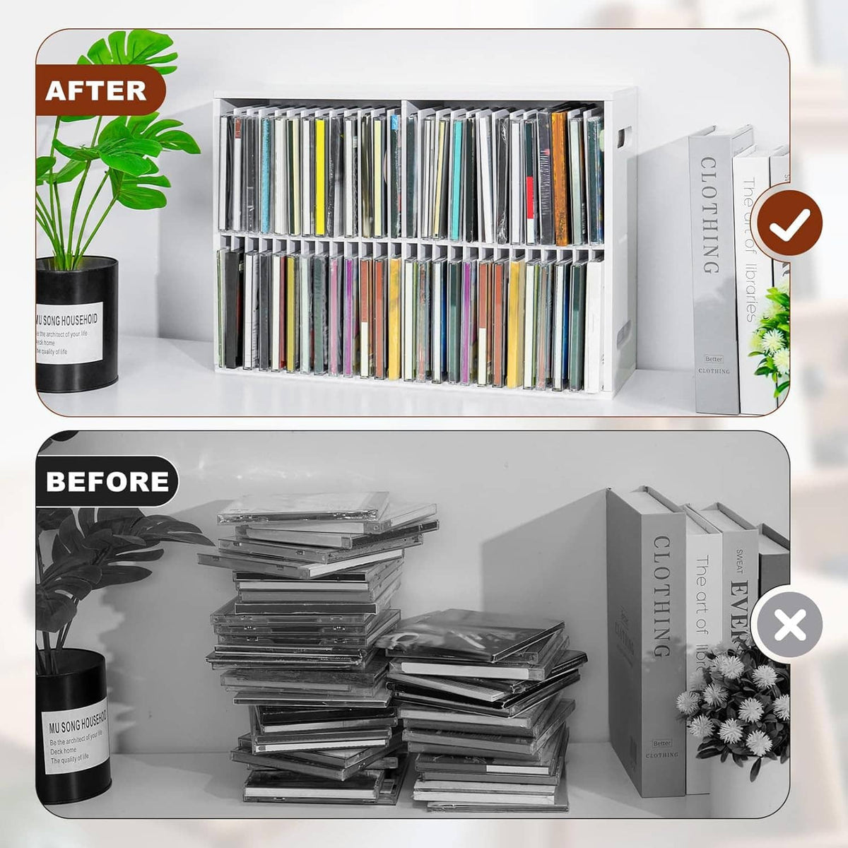 White CD organizer rack with two-row compartments, holding multiple CD jewel cases