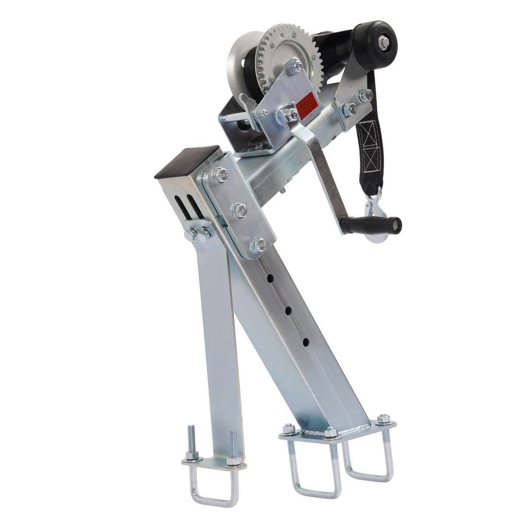 Galvanized winch stand with adjustable base legs, pulley wheel, and black strap handle