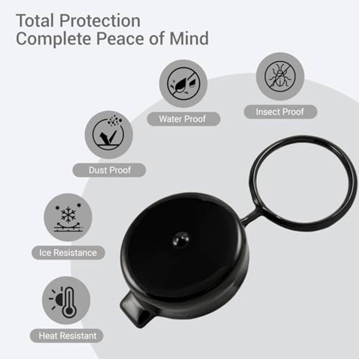 Black gas cap cover with tether loop, shown with water and dust protection icons