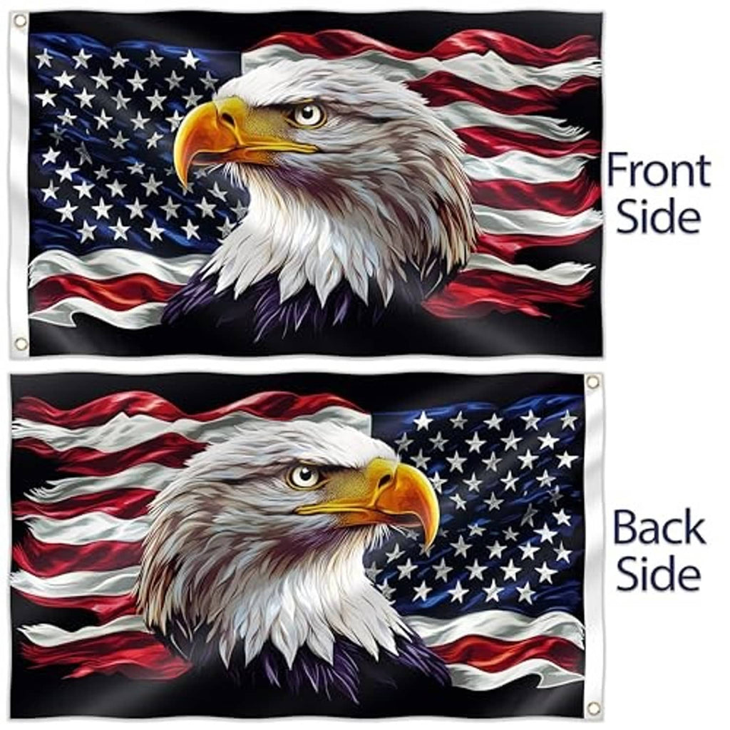 Double-sided eagle patriotic flag with front and back matching stars-and-stripes designs