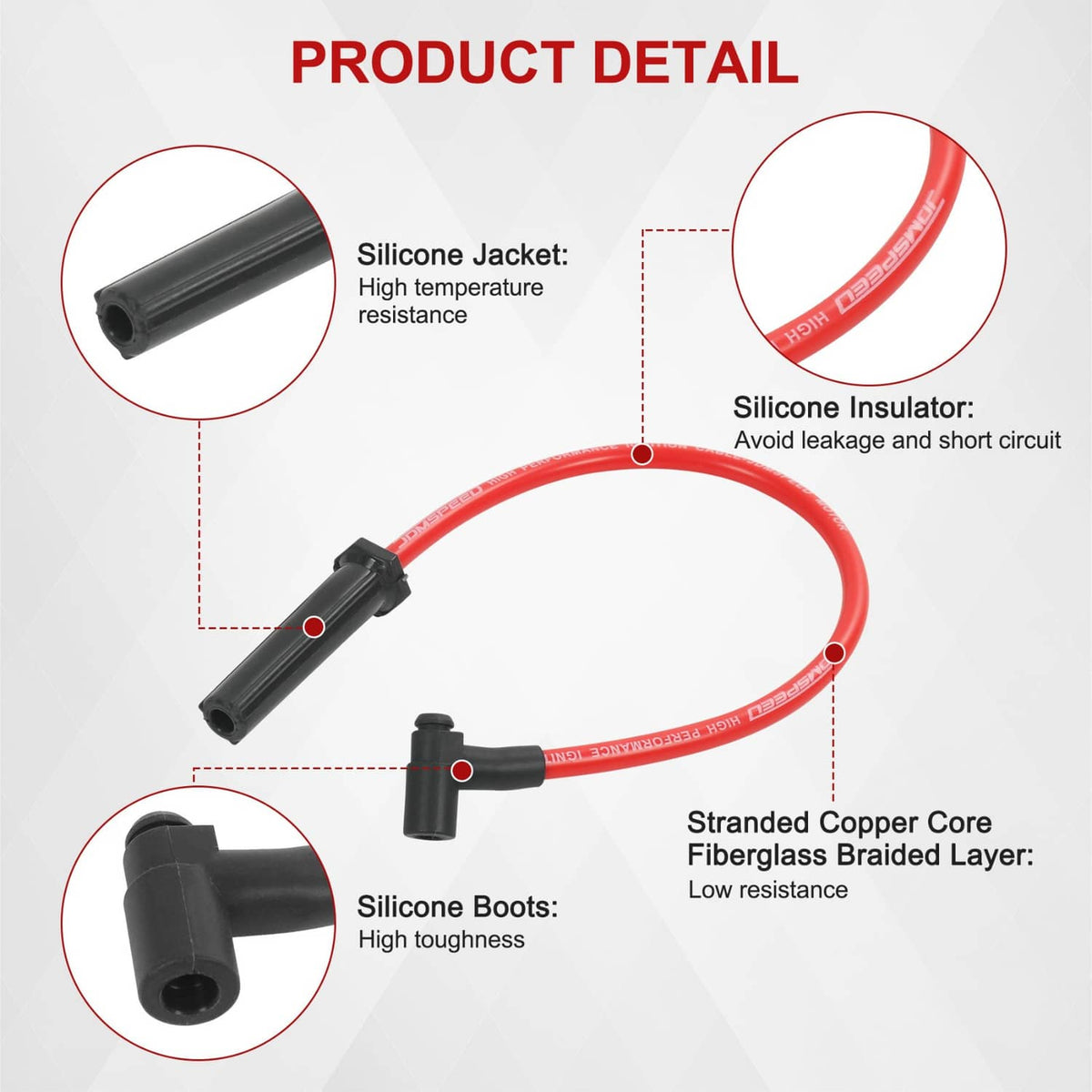 Red spark plug wire set detail with silicone jacket, boots, and stranded copper core