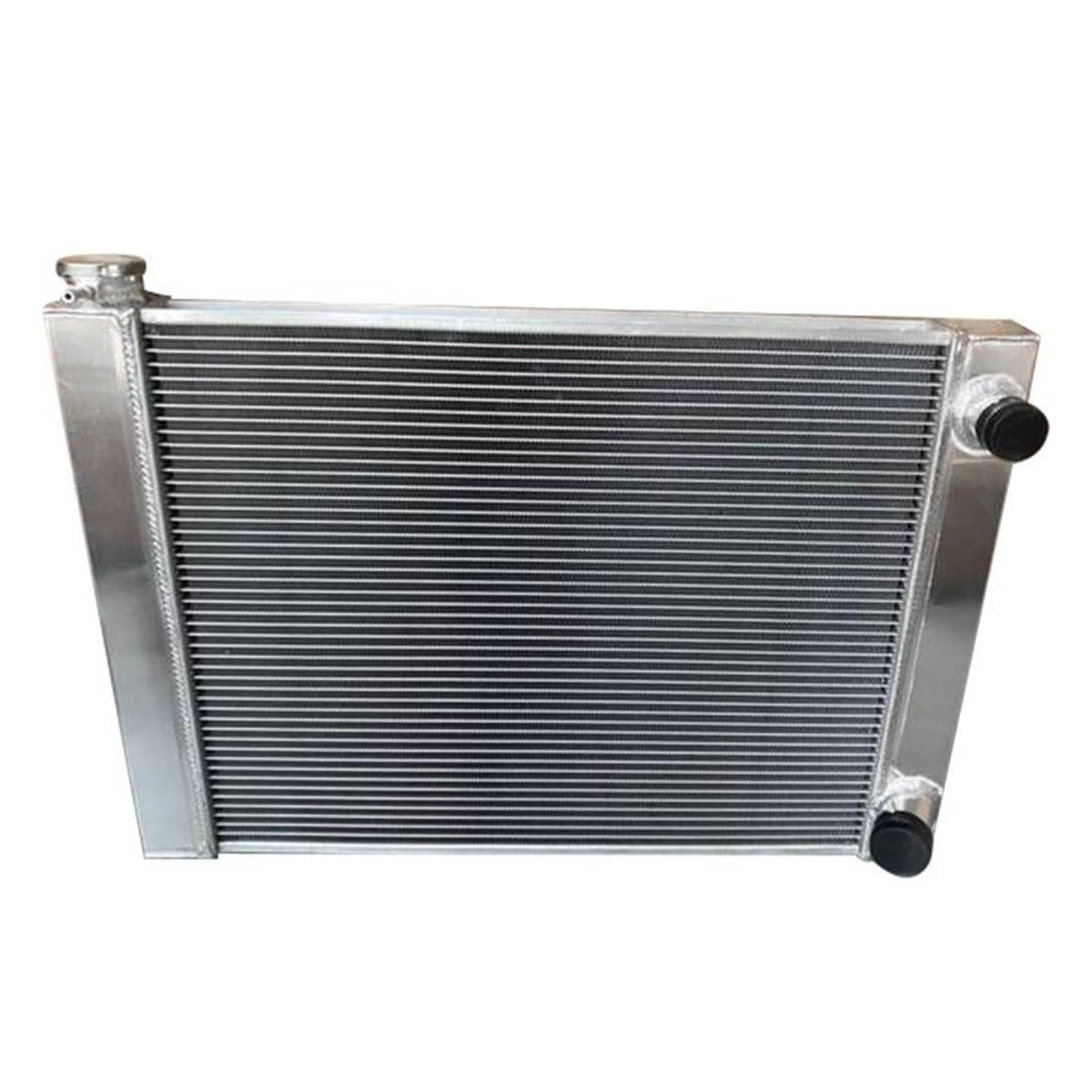 Aluminum racing radiator core with black end caps and mounting side tanks