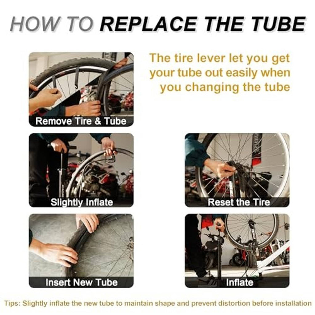 Bike tube replacement steps showing tire removal, insertion, and inflation