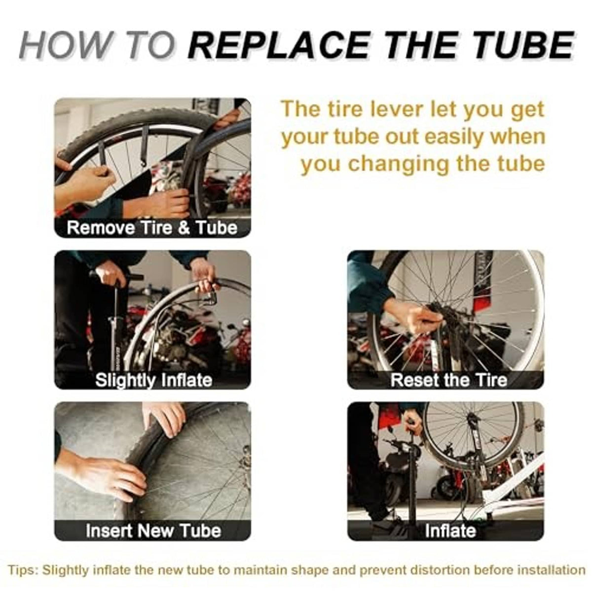 Bike tube replacement steps showing tire removal, insertion, and inflation