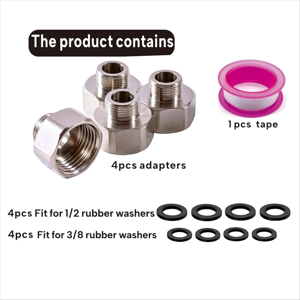4-pack brass water line adapter set with rubber washers and pink sealing tape