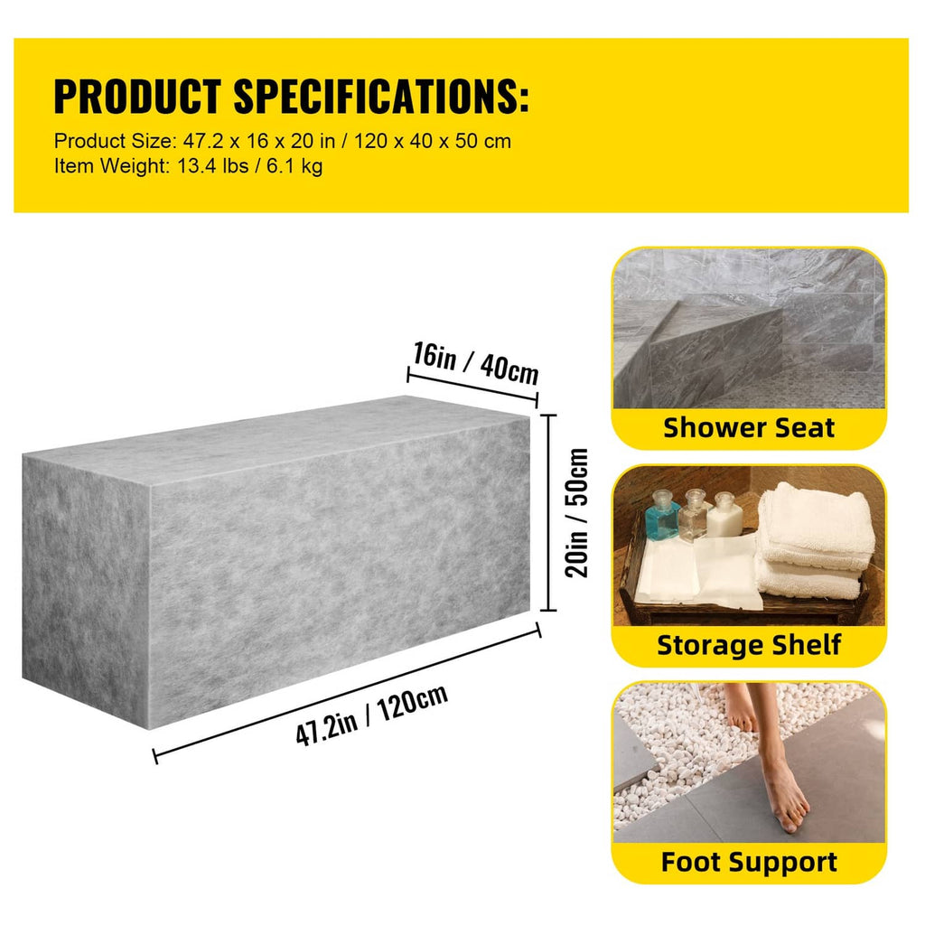 Gray tile-ready shower bench seat with built-in dimensions shown on graphic