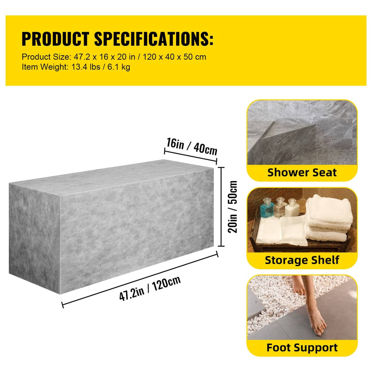 Gray tile-ready shower bench seat with built-in dimensions shown on graphic