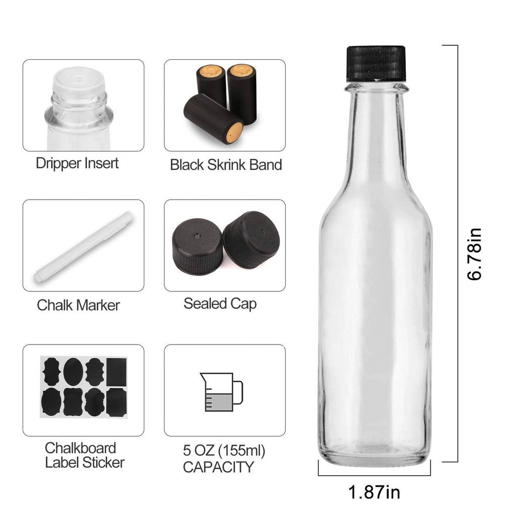 Clear 5oz glass hot sauce bottle with black cap plus included labeling and cap inserts